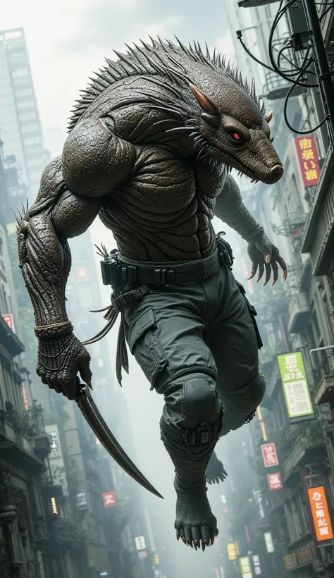 Knife armadillo 、 armadillo and half human 、 Japanese、21 years old、male、 arm is a knife 、It has an armadillo face and 、 it hangs from the head to the back and has scales、 wears gray pants 、The background is the city、