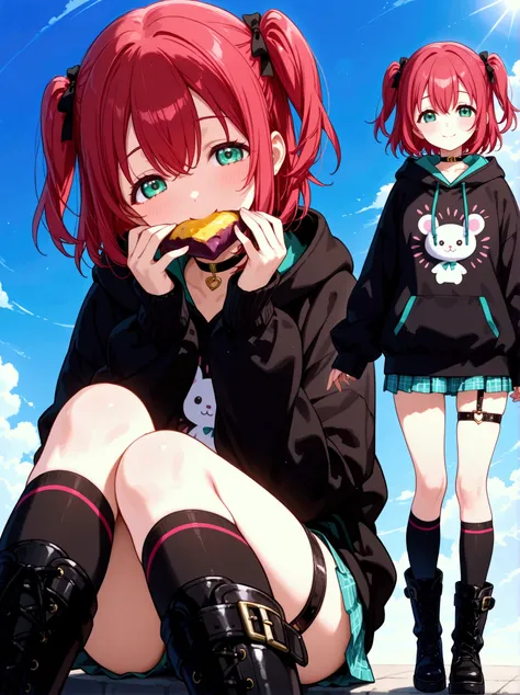  1 girl,  Kurosawa Ruby、  short hair while on a business trip、bangs、(  green eyes:1.3)、 Red Hair、Aqua Hitomi  、  two side up、smile、  Ultra Details 、whole body、big black hoodie 、  over the knee socks、  standing、、  Long Boots  、 garter ring、 back、Two views、E...