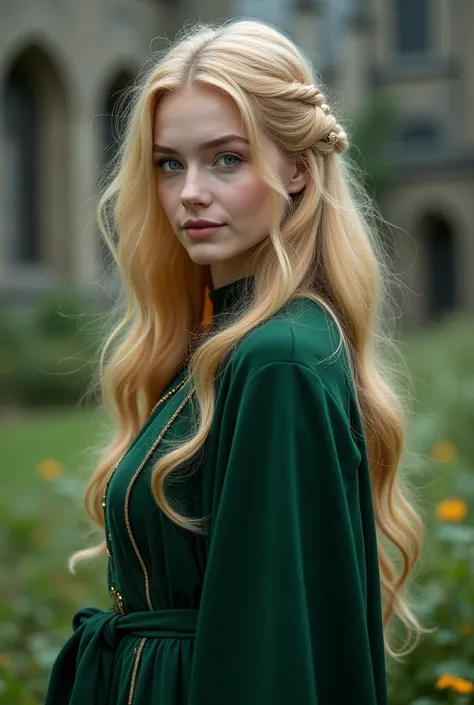 Hogwarts student, bright golden blonde hair, straight hair, sparkling blue eyes, pretty face like Vera, Slytherin house, bright white skin with a unique scent of peony.