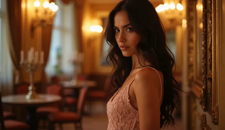 A 25-year-old Spanish woman stands in the right corner, occupying 1/3 of the frame, in a luxurious space with warm golden light, evoking elegance and charm. She wears a delicate, seductive, pale pink lace dress with intricate floral patterns, hugging her c...