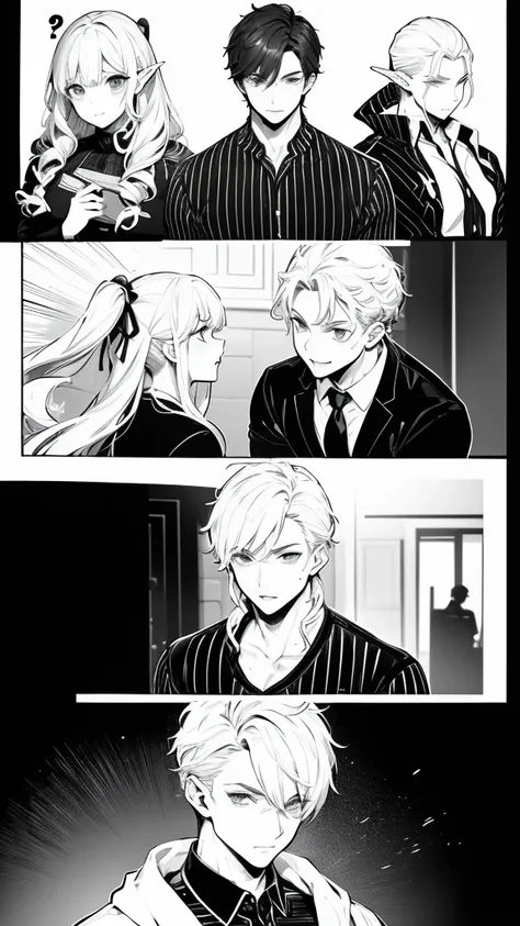 (((Masterpiece,               high resolution,               Top Quality     、 It accurately represents the face    )))、 ( Black and White、A comic where handsome elves make you happy in 3 scenes)