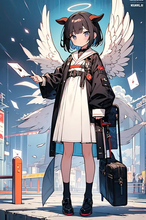 Email, angel and goat girl, 1girl, email, matrix code world, angel halo and wings, goat horn ears and tail, letter kunai (weapon), mail bag, postman skirt costume, (full body), flying in the sky of electronic codes,
cute anime petite girl with short-bowlcu...