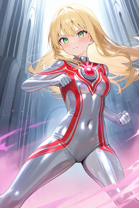 1girl, solo,blonde hair,green eyes,long hair,
ultragirl, silver bodysuit with red patterns,straight patterns, red gem on chest,pink fog,mechanical background,Hall,blush,fighting stance,
masterpiece, best quality, very aesthetic, novel illustration,detailed...