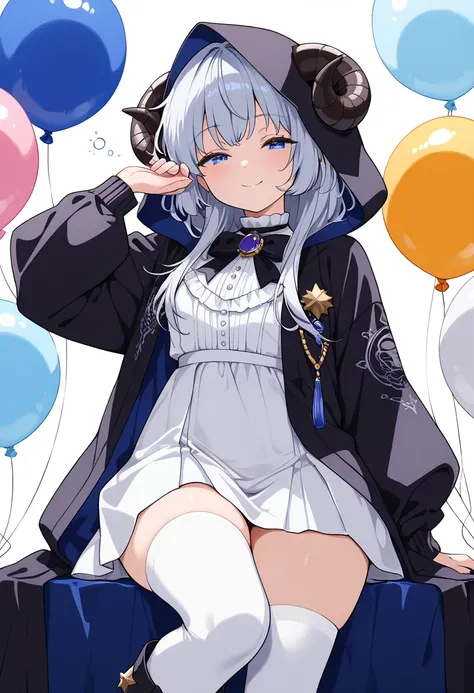 ((masterpiece)),((best quality)),japanese anime style,1 girl,Silver hair with a slight tinge of blue,sleepy eyes of purplish blue,half-closed eyes,sheep horn,beautiful face,perfect body,high neck blouse,balloon sleeve,small star-shaped brooch,A fluffy knee...