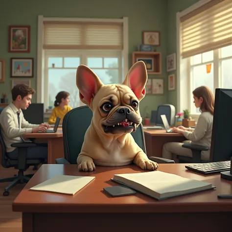 a homely office with employees wearing casuals and a faun colored french bull dog with vampire teeth sittingon the main desk