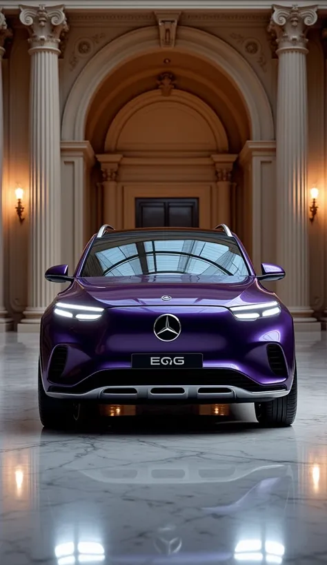 Write  Ai prompt For Mercedes-Benz EQG 2025 
 in Deep Amethyst standing in a classical showroom 
