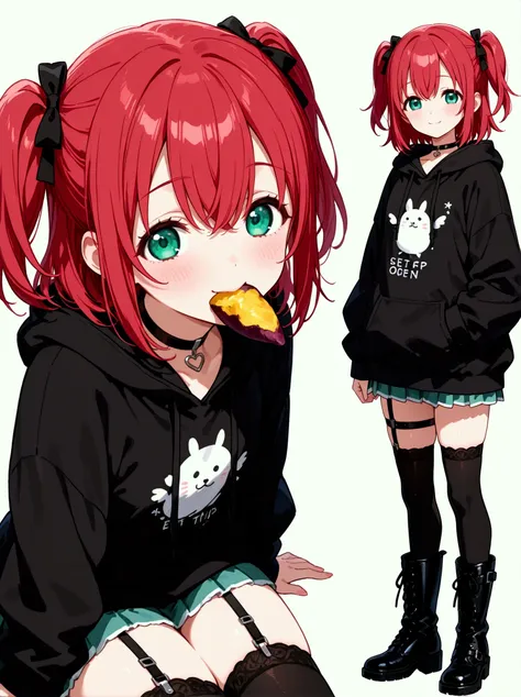  1 girl,  Kurosawa Ruby、  short hair while on a business trip、bangs、(  green eyes:1.3)、 Red Hair、Aqua Hitomi  、  two side up、smile、  Ultra Details 、whole body、big black hoodie 、  over the knee socks、  standing、、  Long Boots  、 garter ring、 back、Two views、E...