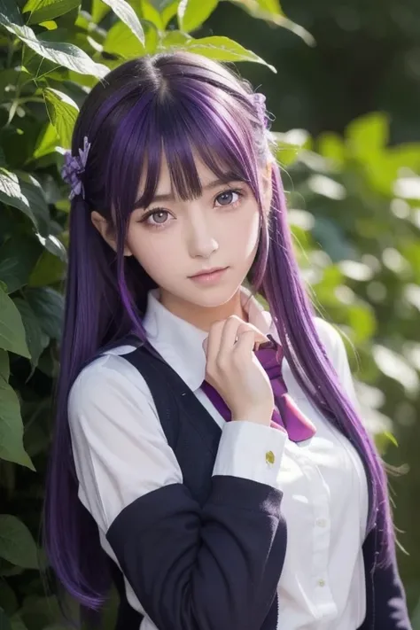 2D, Masterpiece,  best quality , Anime,  high definition ,  1 girl in the bush, Alone, Yuri,  purple eyes,  purple hair,   hair between eyes ,  hair clips,  school uniform, Yandere face