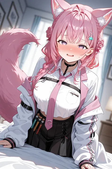  (( 1girl )), Alone, dutch angle, ((science:1.3)), (Hiroi Koyori), hakuikoyori, ( pink long hair), Big beast ears, Big tail,  big breasts, ((Fatty face)),  (Detailed eyes), ( pink tie ), Clothes that are below the chest,  I can see my stomach,  black skirt...