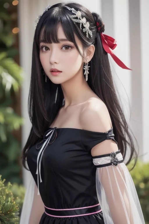  best quality , ( photorealistic:1.2),  1 girl, Alone,  detailed color,  focus on face ,  standing,  black hair,( hair ornament :1.35),OL,  ribbon trimming sleeve ,  detachable sleeves , Ribbon trim,  wide sleeve, ( viewers:1.5)  long hair,  ブラックアイズ, bangs...