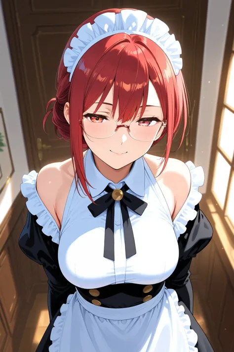 1 anime character maid 25 years old mature short red hair shoulder-length wearing glasses wearing seriously polite maid costume 