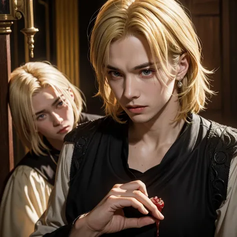 ((best quality)), ((masterpiece)), Medieval prince , beautiful,  Blonde hair, The face with spattered blood ,  has a psychopathic expression