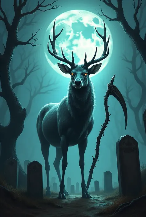 a large deer with a scythe in the cemetery