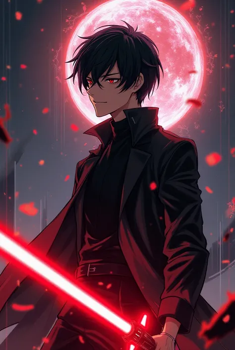 Man with short black hair and red eyes wearing black clothes and a red lightsaber anime version