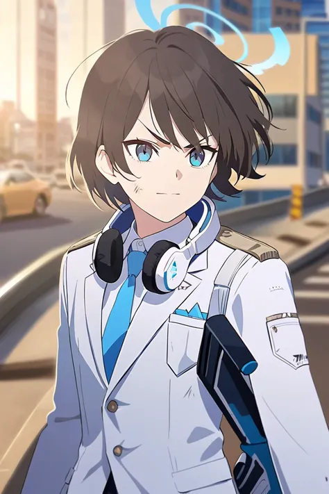  Blue Archive style ,  one man,  sky blue eyes, soft smile, angry eyebrow, white suit, blue tie ,  Holding a rifle in one hand , Headphones around the neck , brown hair,  Untidy short hair that goes all the way to the neck, Walking leisurely, City backgrou...