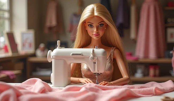 Barbie sews luxury clothes with a sewing machine with her face facing me in the atelier