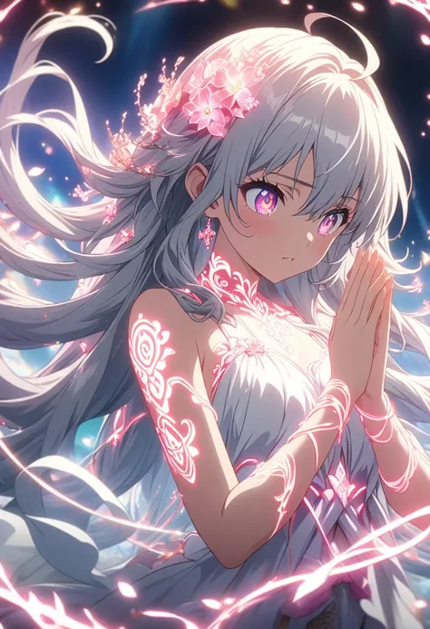 Masterpiece,  best quality ,  Highly Detailed CG Unity 8K Wallpaper,  anime screenshot, A female anime character is wrapped in thick neon chains. Art of a female anime character with red and white glowing neon flower tattoos and swirling chains all over he...