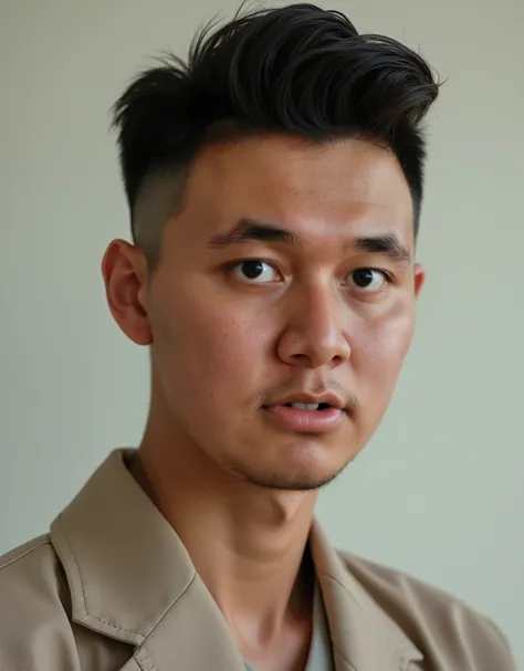 an indonesian man, Rectangle face, short fade hairstyle ,realistic , photo realistic, highly detailed, masterpiece, short neck, elite style