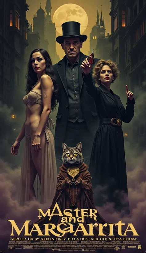 Create an image for a mysterious movie poster based on Bulgakov's "Master and Margarita". The theme is a surreal fantasy thriller from the 1940s in Bauhaus style with gothic elements. Main characters: half-naked Margarita as a witch with long dark hair in ...