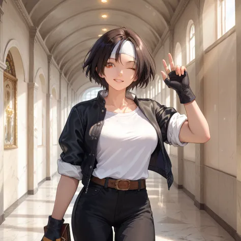 1 Girl, solo, voluptuous, black hair, short hair, unibrow, red eye, big eyes, (tsurime:0.8), brown skin, smiles showing white teeth, ((black jacket with rolled up sleeves)), open jacket, fingerless gloves, white t-shirt, ((white headband)), black pants, wh...