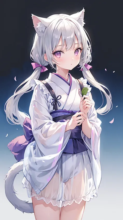 Beautiful painting, best quality , Cute Girl , gray hair twin tails, pastel colors,Cat ears, simple background,Luxurious transparent Japanese clothes , white skin, LOOKING HERE, is standing,wind