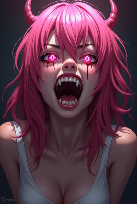 Generate:  woman  , 27-30 years old looking  , demon in portrait in anime drawing .  Pink long hair ,  pink eyes.  Facial expression hysterical laughter 