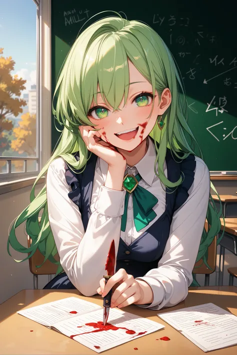 4k anime style, Smooth anime CG, 8k anime, Best quality, High resolution,Superdetail,Perfect light,ager Anime, Long hair,emerald green hair, Emerald green eyes, medium chest,prefect fingers,  Beautiful waist, looking at the viewer,blush, smile,  shining ey...