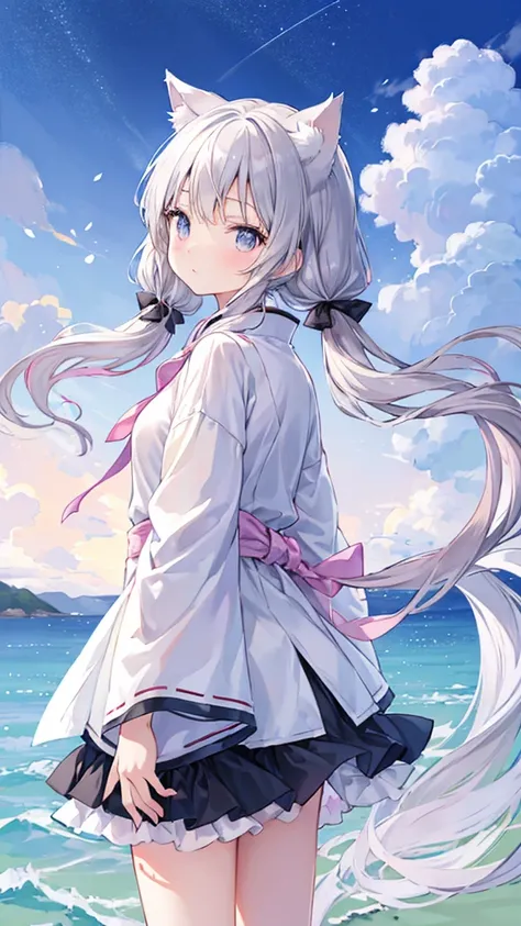 Beautiful painting, best quality , Cute Girl , gray hair twin tails, pastel colors,Cat ears, simple background,Luxurious transparent Japanese clothes , white skin, LOOKING HERE, is standing,wind, little character 