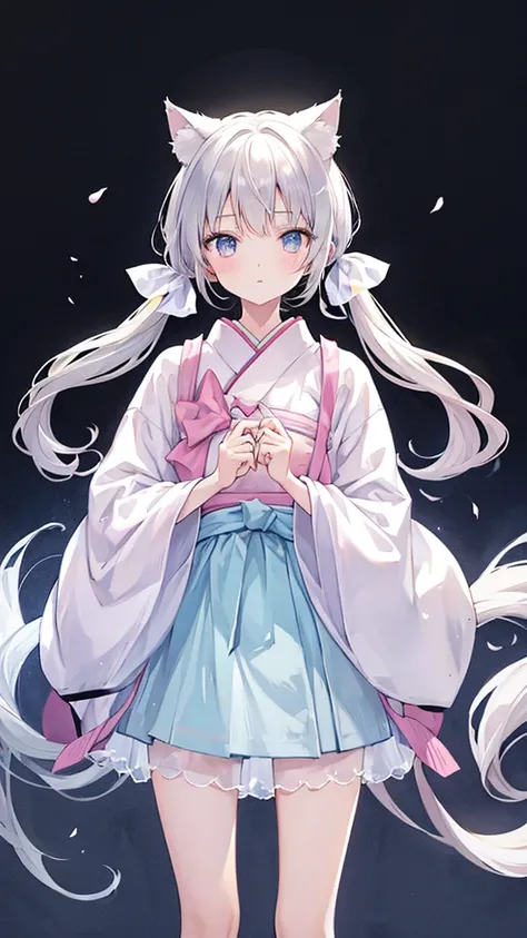 Beautiful painting, best quality , Cute Girl , gray hair twin tails, pastel colors,Cat ears, simple background,Luxurious transparent Japanese clothes , white skin, LOOKING HERE, is standing,wind, little character 