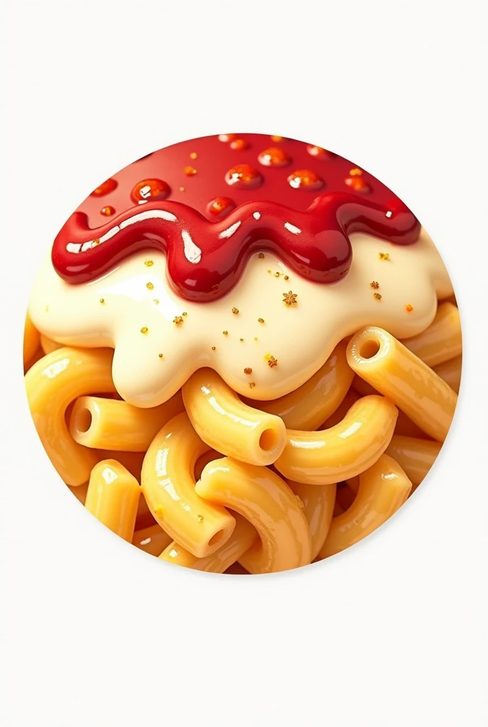 baked mac and cheese with white and red sauce on top of it as a circular logo, make it simple and not too realistic