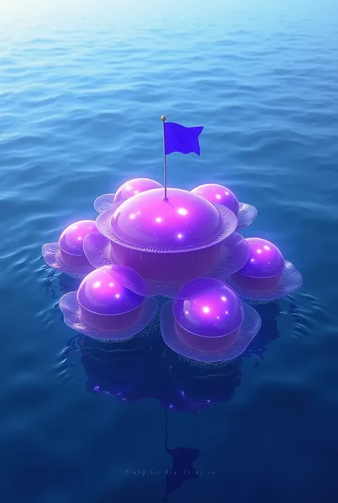 A group of purple Monads sailing on a boat with a blue flag in the middle of the ocean 