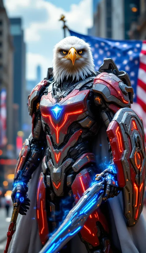 A fierce bald eagle warrior stands tall, facing the camera, its white feathers glistening under the digital sunlight. The eagle's golden eyes, filled with resolve and pride, lock onto the viewer, radiating strength and authority. Its chest is covered in me...