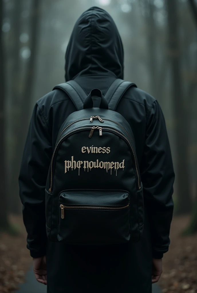 a black backpack where is written EVINESS THE PHENOMENON on its back