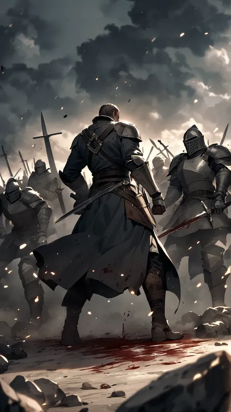  Betrayal on the Battlefield

The battlefield was a place of chaos .  Black smoke billowed from a distance , } while the sound of the clash of swords and shouts was heard everywhere .  The soldiers fought fiercely under a dark sky filled with storm clouds ...