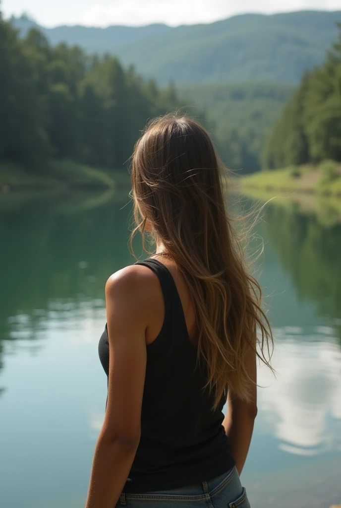 a woman with long hair and a tank top is standing in front of a river, true to life, inspirational quote, time dragging on for too long, but slower in changing, true life, inspirational, no less, you better run, very inspirational, true-to-life, the life, ...