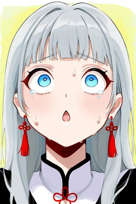 kaida haru, grey hair, bangs, blue eyes, tassel earrings,1 girl,{{surprised, wide-eyed, tears, looking up}}, chestnut mouth, sweat),S0sad0lt,