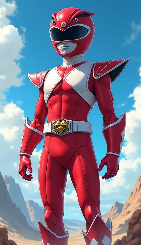 Power Ranger, Rouge, Style anime, Garçon, 13 ans,Hero, focus spectateur, fond ciel.