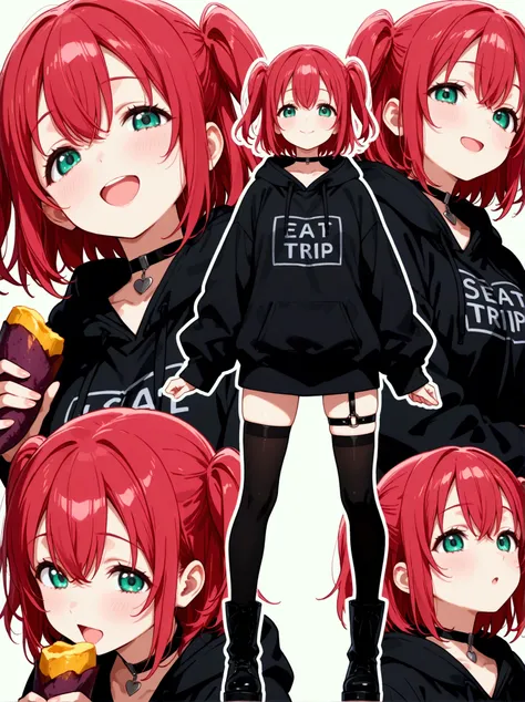  1 girl,  Kurosawa Ruby、  short hair while on a business trip、bangs、(  green eyes:1.3)、 Red Hair、Aqua Hitomi  、  two side up、smile、  Ultra Details 、whole body、big black hoodie 、  over the knee socks、  is standing、、  Long Boots  、 garter ring、 back、Two view...