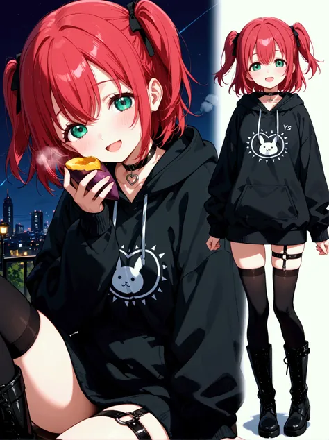  1 girl,  Kurosawa Ruby、  short hair while on a business trip、bangs、(  green eyes:1.3)、 Red Hair、Aqua Hitomi  、  two side up、smile、  Ultra Details 、whole body、big black hoodie 、  over the knee socks、  is standing、、  Long Boots  、 garter ring、 back、Two view...