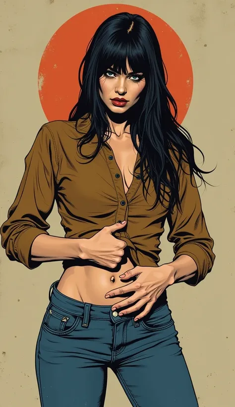 vintage masterpiece,70s comic, vintage, desperately touches her crotch:1.3, unbuttoned jeans,sexual tension,retro atmosphere, straight hair, simple image, shirt, deep dark blue