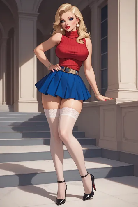 A beautiful 15yo blonde bombshell bimbo high school student of the 1950s. Wearing a cherry-red sleeveless turtleneck sweater, belt, voluminous high-waisted blue skirt, petticoats, silk stockings, heels. Bullet bra, 10in waist, bubble butt