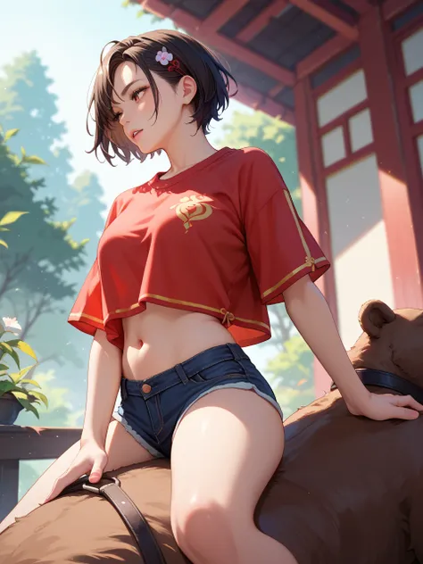 Feminization, transsexual fiction , Kintaro , looking away , black Bobbed short hair , red Chinese Belly wrap , Bear riding practice 