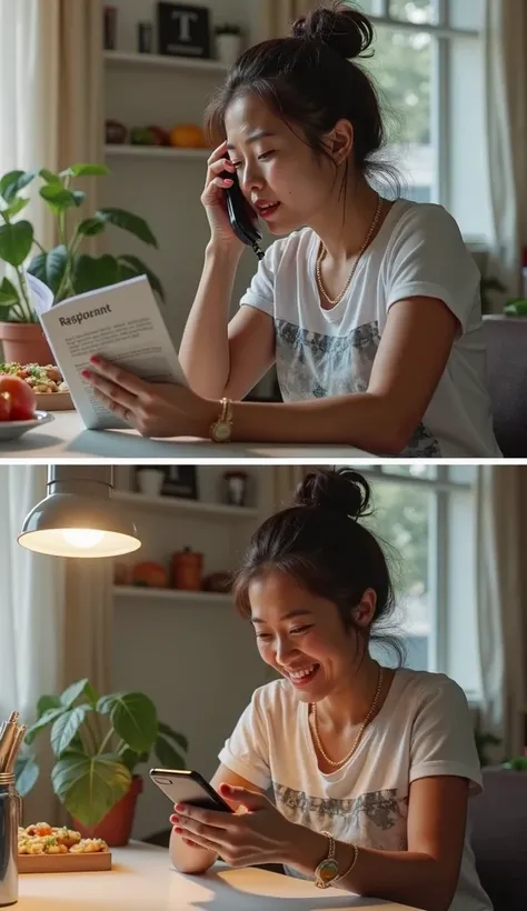 Crie uma imagem que simule antes e after.  in the first image que será antes, The person is searching through a telephone directory for telephone numbers and seems to be a little frustrated. In the second image, after, She is using a food delivery app and ...