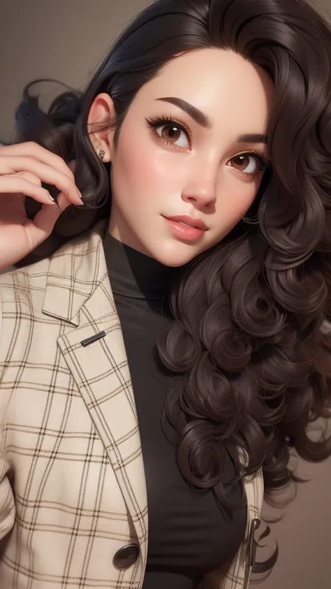 there is a woman with long hair wearing a jacket and a black top, headshot profile picture, profile image, profile picture, curly dark hair, curly haired, selfie of a young woman, professional profile picture, photo portrait, curly, messy curly hair, high ...