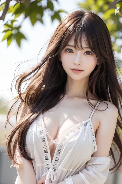 Japanese model with long hair fluttering in the wind,, detailed beautiful eyes  、pink open chest dress、Slightly large breasts、かわいいsmile、 soft and gentle expression 、smile