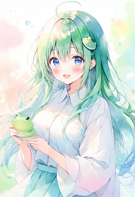 (ultra detailed:0.7), cover image, (soft pastel tones, watercolor, (bright color:1.3), transparent, gradation, harmonious and calm atmosphere:1.1), 
kochiya sanae, 1girl, solo, long hair, looking at viewer, blush, smile, open mouth, blue eyes, long sleeves...