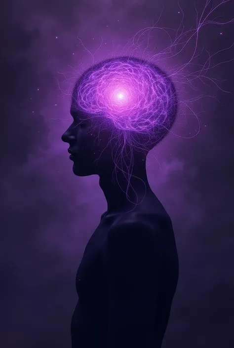 Create an image of a silhouette of a human in the front with the brain focused on the head transcending the color dark purple