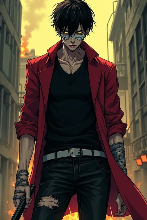 manhwa style, tall man, 25 years,skinny, black dameged shirt, torn red coat, black damaged pants, side-cut, hall burned face, bandages on arms bright yellow eyes