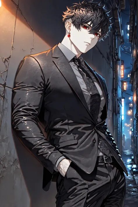 (masterpiece, best quality), best score, amazing quality, very aesthetic, absurdres, highres, newest, HDR, 8K, high detail RAW color art, 1boy, bodyguard, angry, ((glare at viewer)), closed mouth, Kuroki Ren, empty eyes, red eyes, hair between eyes, black ...