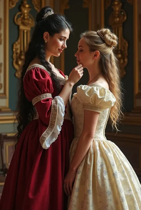 Make the cover of a fairy tale, a 17th century dress in a palace, a woman with a woman, one a cheeky princess, one a sweet maid, a tall black-haired princess stroking the cheeks of a blonde maid and looking with hungry eyes. The back cover is in the palace...